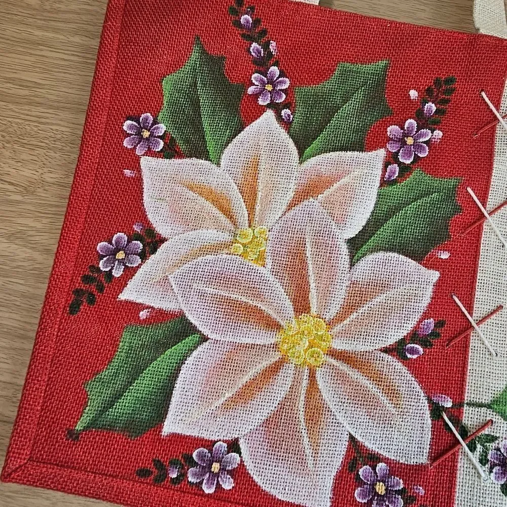 Hand-Made Tote Bag Christmas Jute Craft-Fabric Ribbon Flowers Hand Painted Gift
